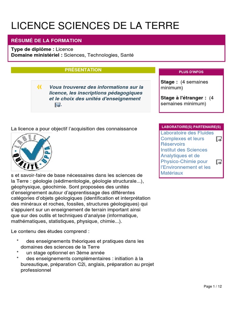 Licence en Sciences de la Terre | PDF | Géologie | Science