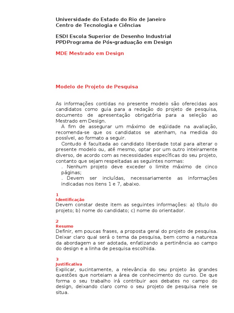 Modelo de Projeto de Pesquisa para Mestrado | PDF | Mestrado | Esboço