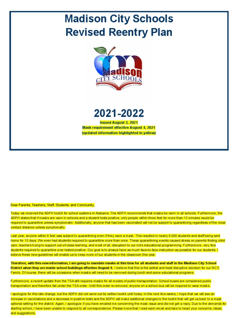 Revised Madison City Schools 2021-2022 Reentry Plan - 8!2!21B | PDF ...