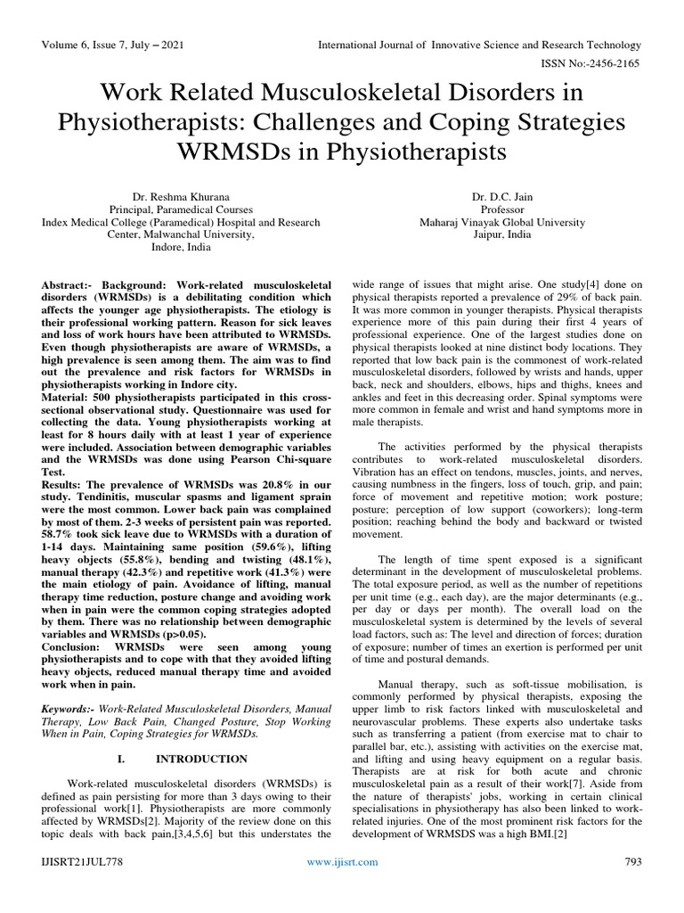 Work related musculoskeletal disorders in physiotherapists challenges