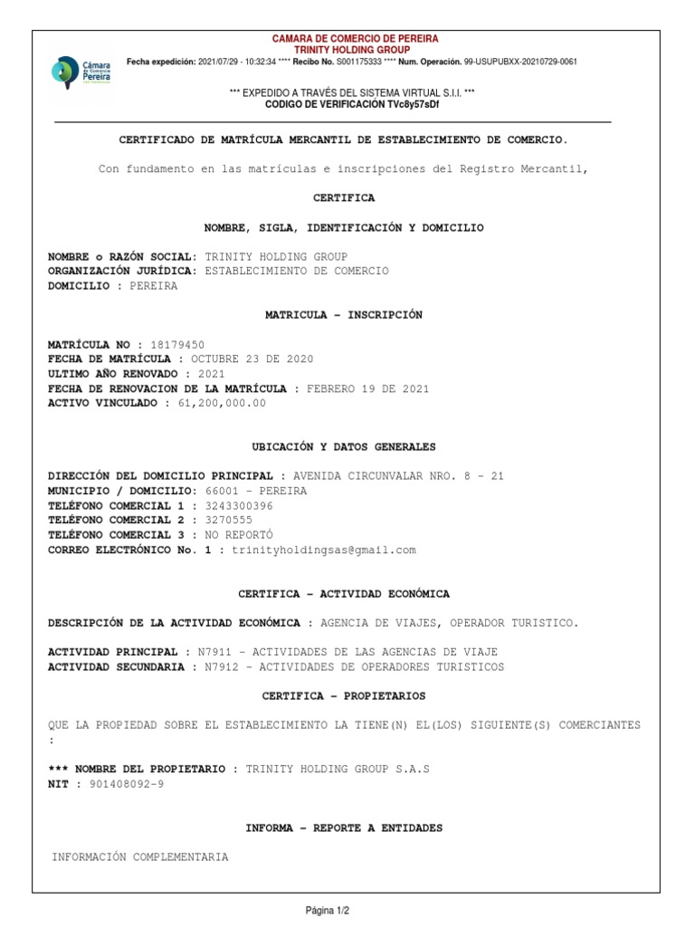 Certificado de Cámara de Comercio Pereira | PDF | Business ...