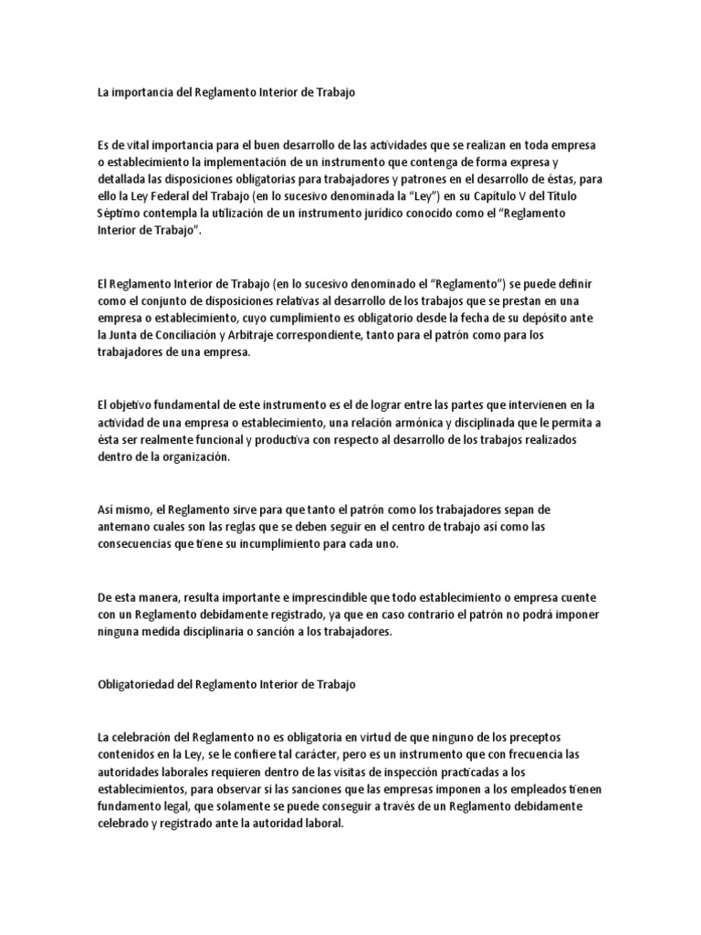 Importancia del Reglamento Interior de Trabajo | PDF | Regulación ...