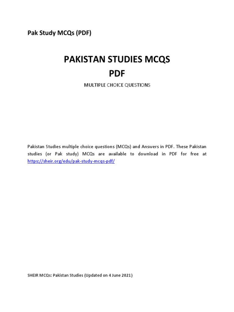 Pakistan Studies Mcqs PDF | PDF