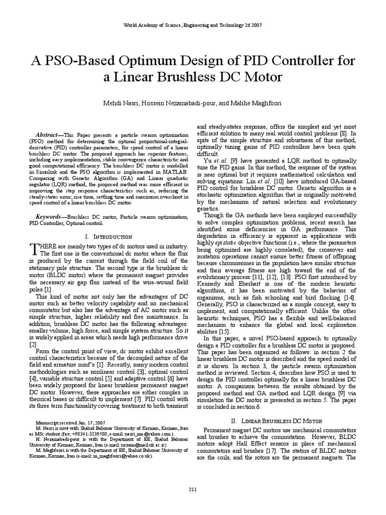 PSO for Optimal PID Control in BLDC Motor | PDF | Electric Motor ...
