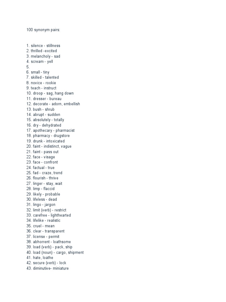 100 Synonym Pairs PDF