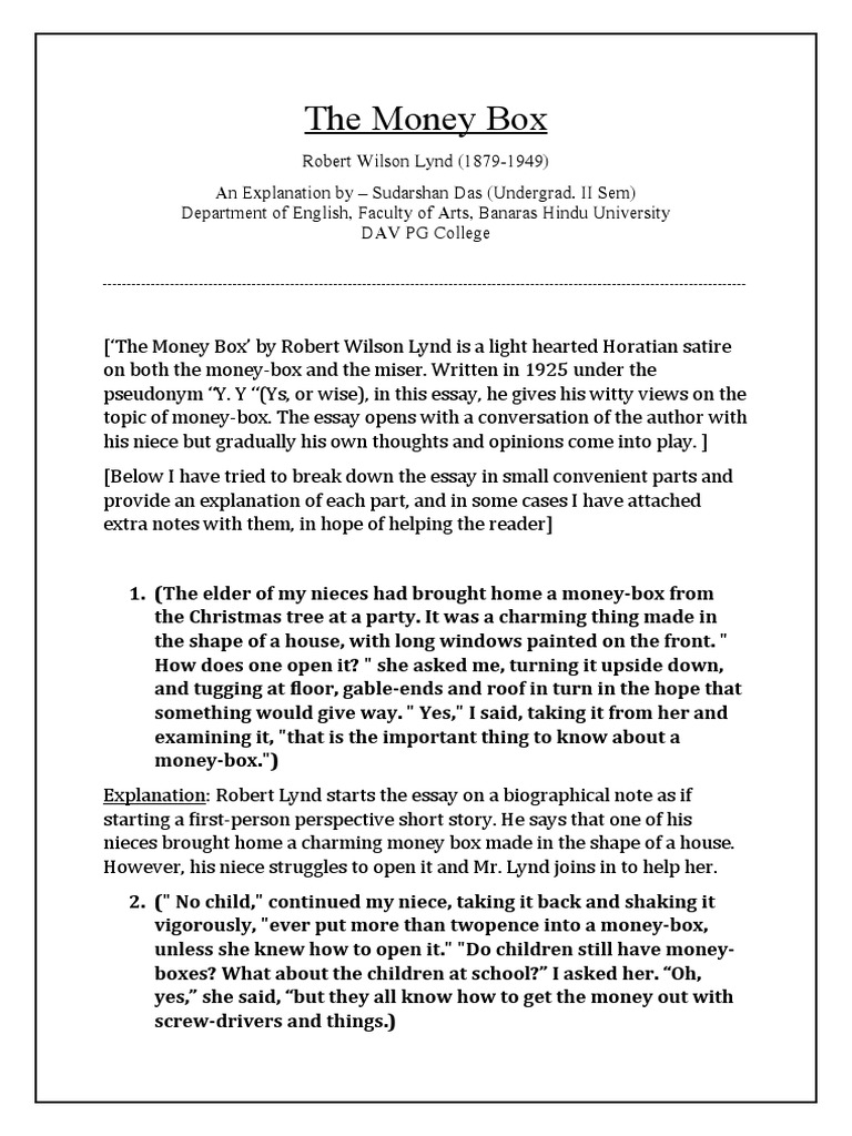 The Money Box by Robert Lynd Text Explan PDF