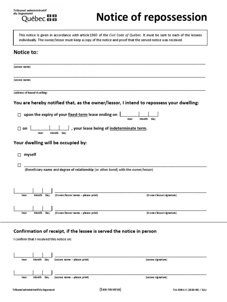 Notice of Repossession PDF Lease Government