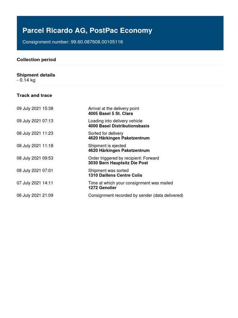 Parcel Ricardo Ag, Postpac Economy: Consignment Number: 99.60.087608 ...