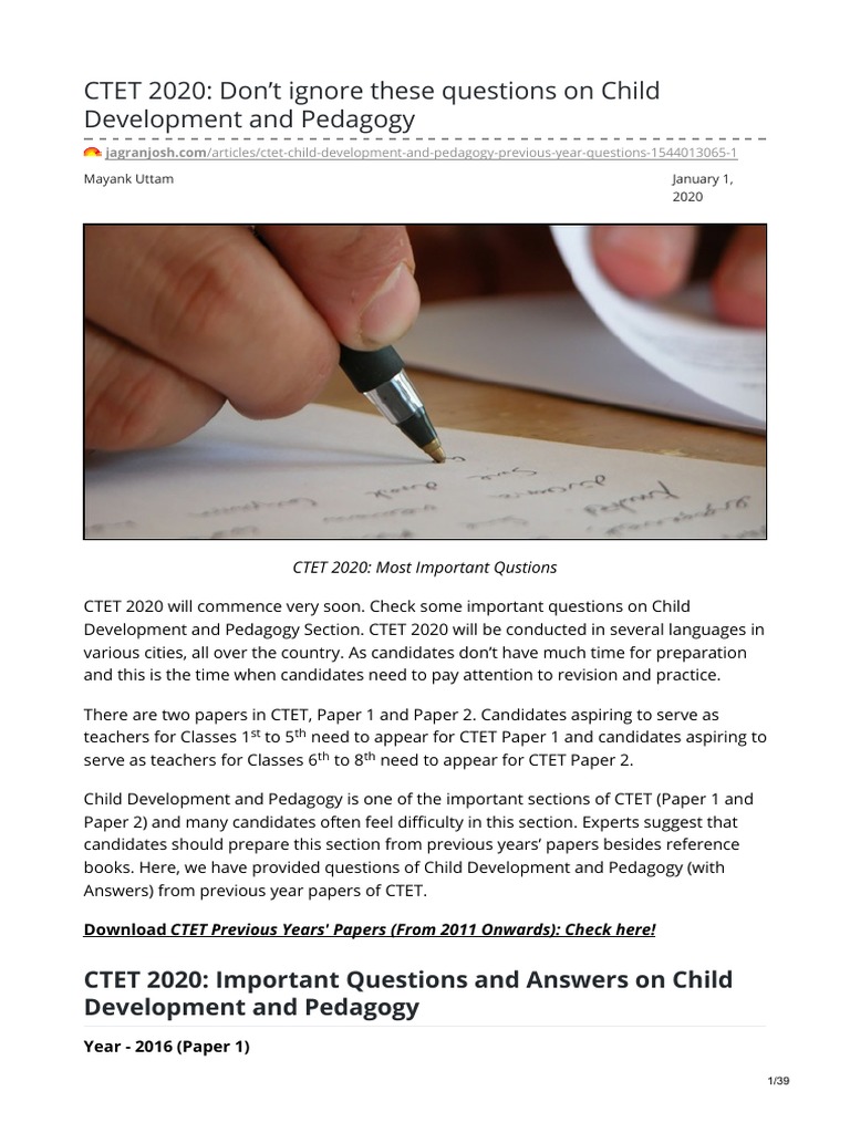 CTET 2020: Key Child Development Questions | PDF | Learning | Teachers