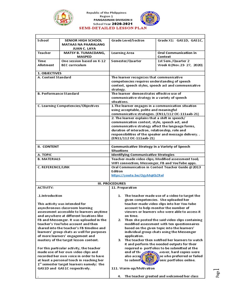 Communicative Strategies Lesson Plan | PDF | Learning | Lesson Plan