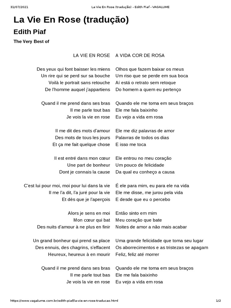 La Vie En La Rose Letra La Vie en Rose (Tradução) - Edith Piaf - VAGALUME | PDF