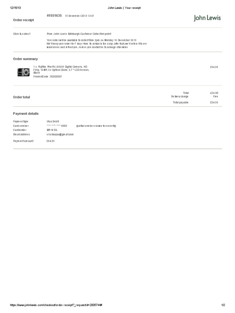 John Lewis Your Receipt PDF Receipt Payments