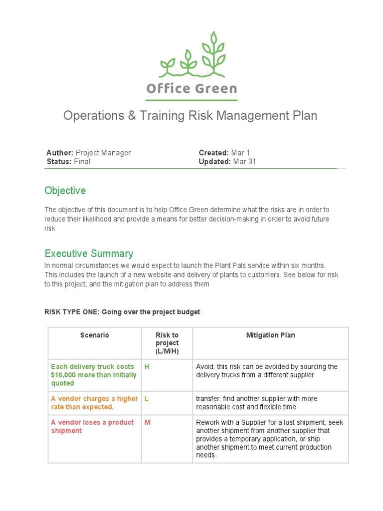 Operations Training Risk Management Plan Objective Pdf Risk
