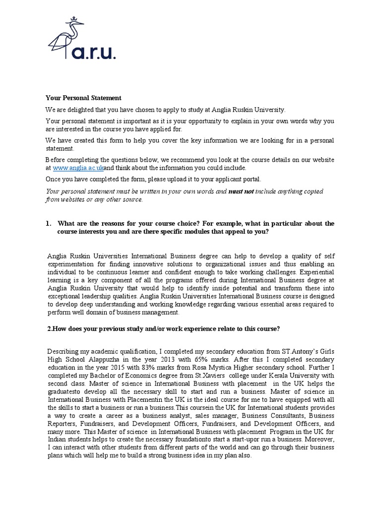 ARU Personal Statement Form 0619 | PDF | Behavior Modification ...