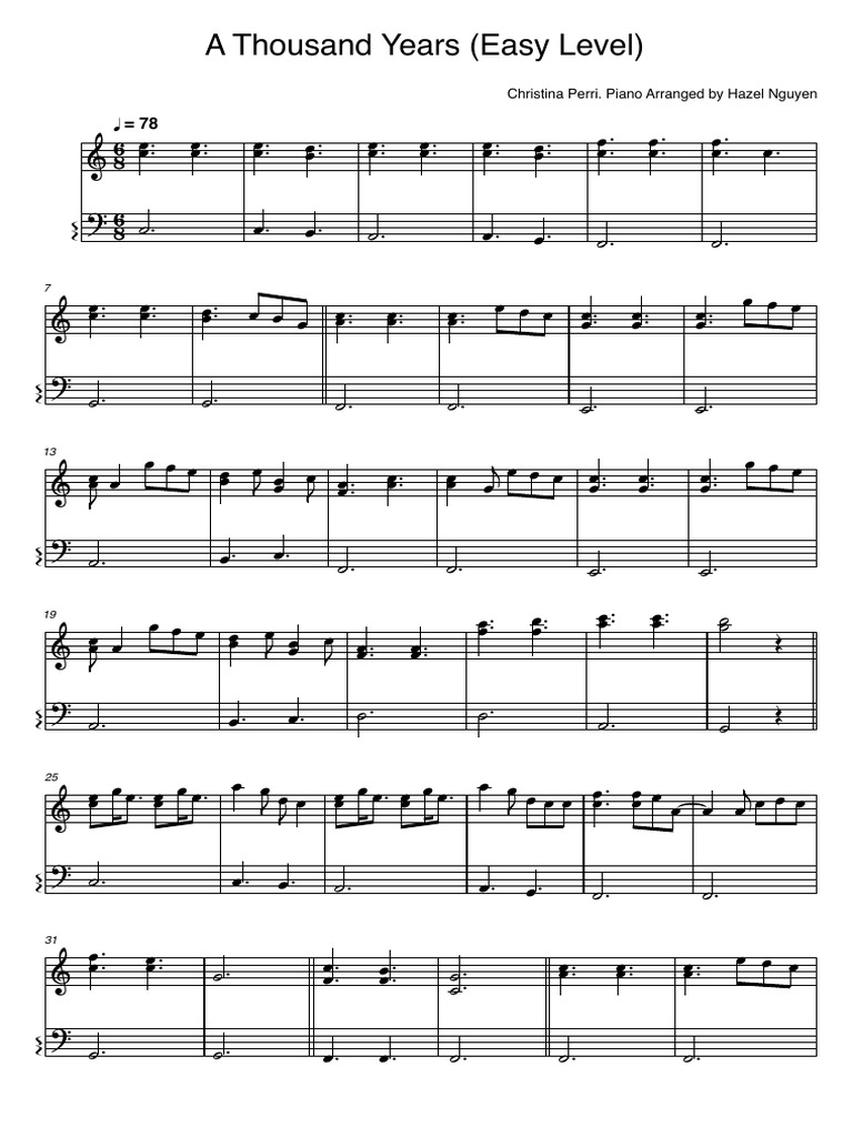 A Thousand Years (Easy Level) : Christina Perri. Piano Arranged by Hazel Nguyen | PDF for Free Printable A Thousand Years Piano Sheet Music