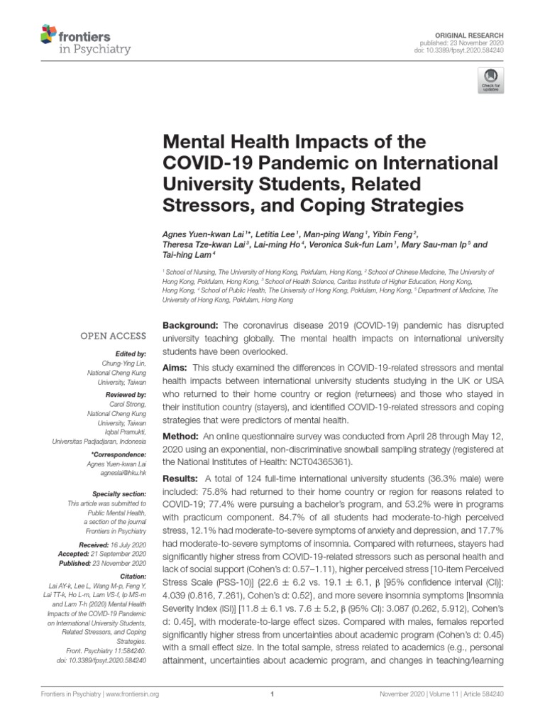 Lai 2020 Mental Health Impacts of The Covid | PDF | Mental Health ...
