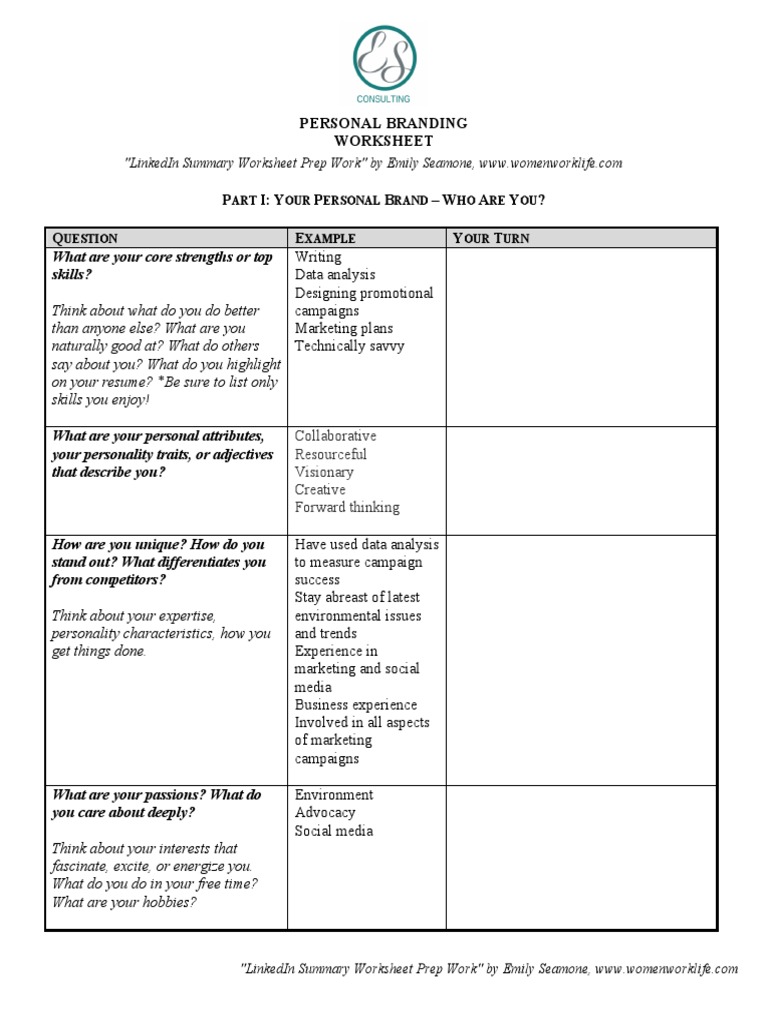 Personal Branding Worksheet PDF Marketing Target Audience