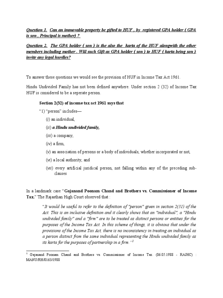 Note On Transfer of Property To HUF | PDF | Deed | Taxes
