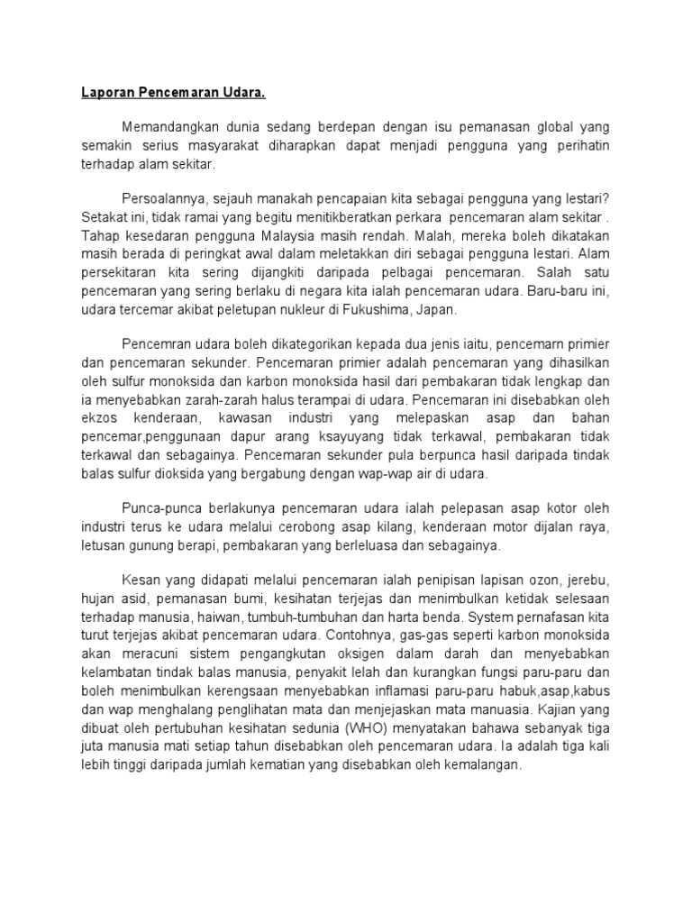 Karangan Surat Rasmi Kepada Jabatan Alam Sekitar