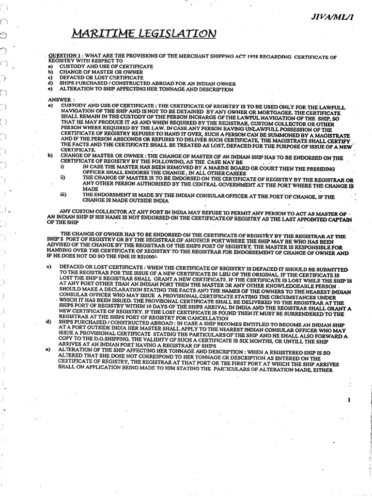 Maritime Legislation Simplified Notes by Jiva | PDF