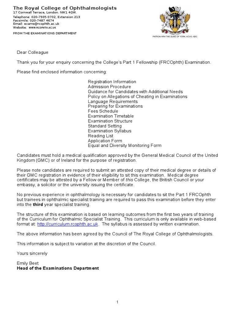 003 Part 1 FRCOphth Examination Application Pack 2012 PDF