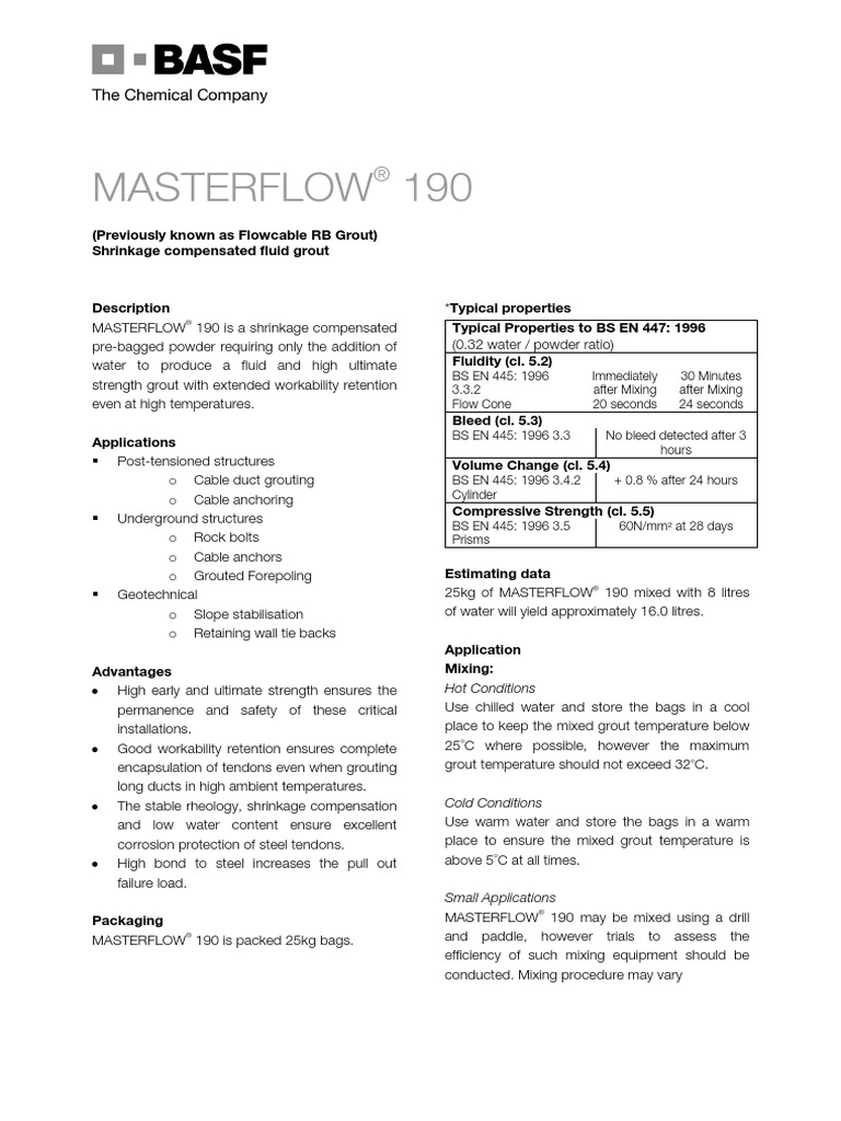 06 - TDS - Masterflow 190 | PDF | Water | Pump