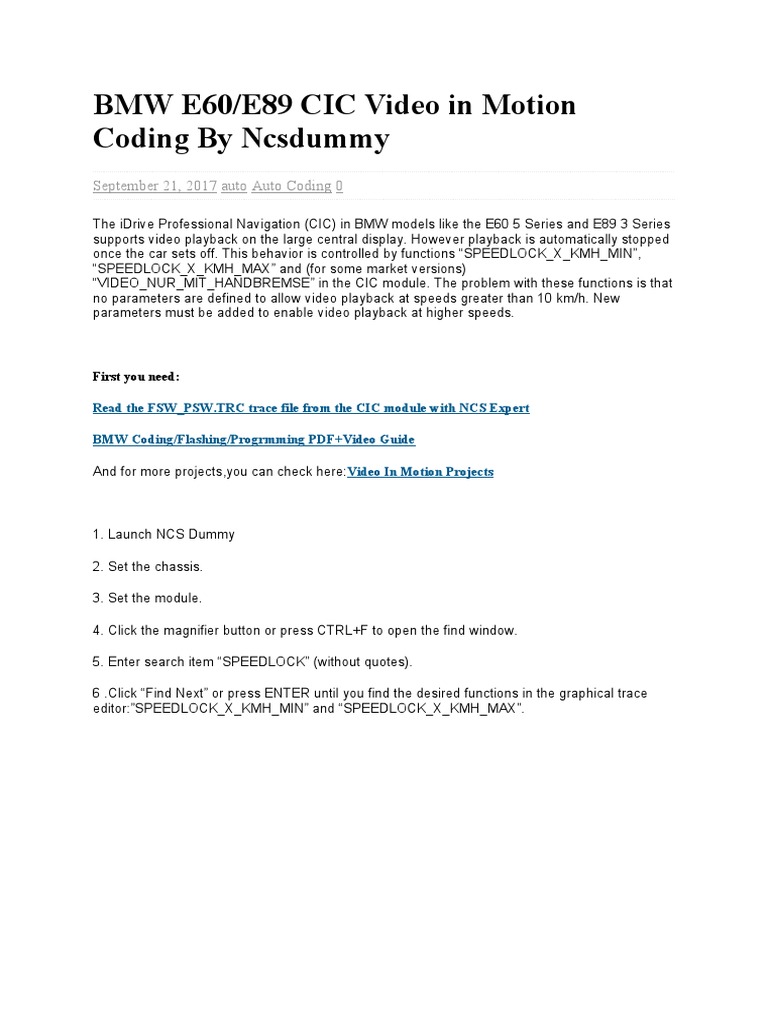 BMW E60/E89 CIC Video in Motion Coding by Ncsdummy: September 21, 2017 ...