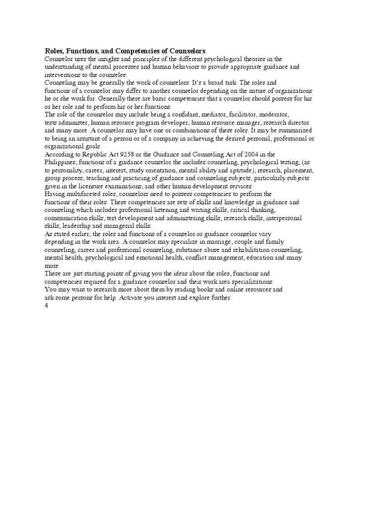 Roles and Functions of Counselors | PDF | School Counselor | Psychotherapy