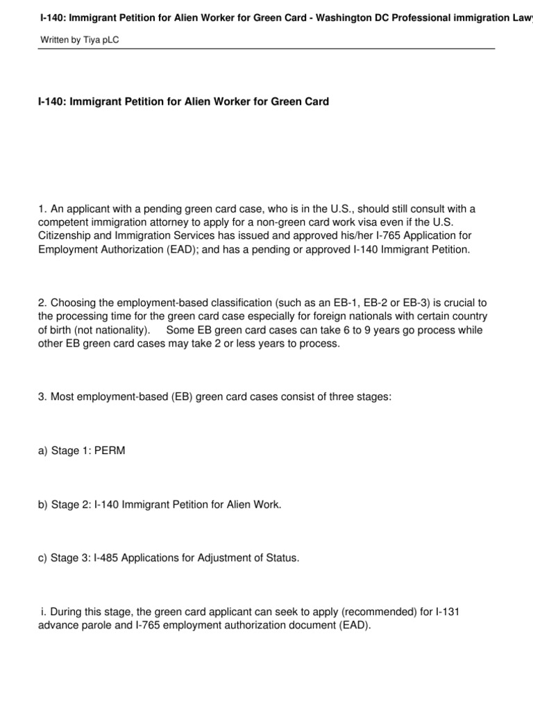 I140 Immigrant Petition For Alien Worker For Green Card Immigration Law Immigration