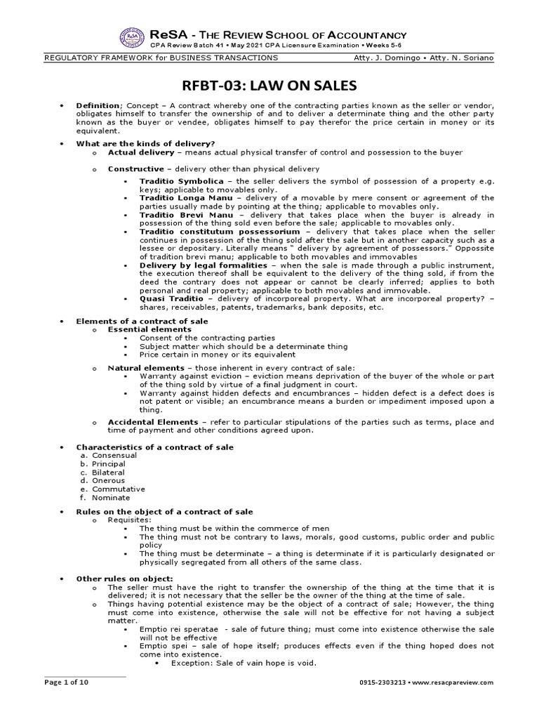 RFBT-03: LAW ON Sales: - T R S A | PDF | Mortgage Law | Auction
