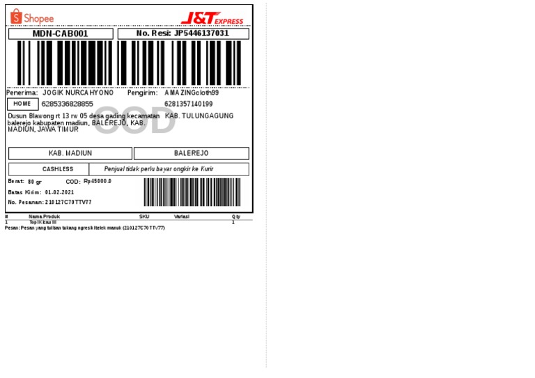 Format dan Contoh Resi J&T | PDF
