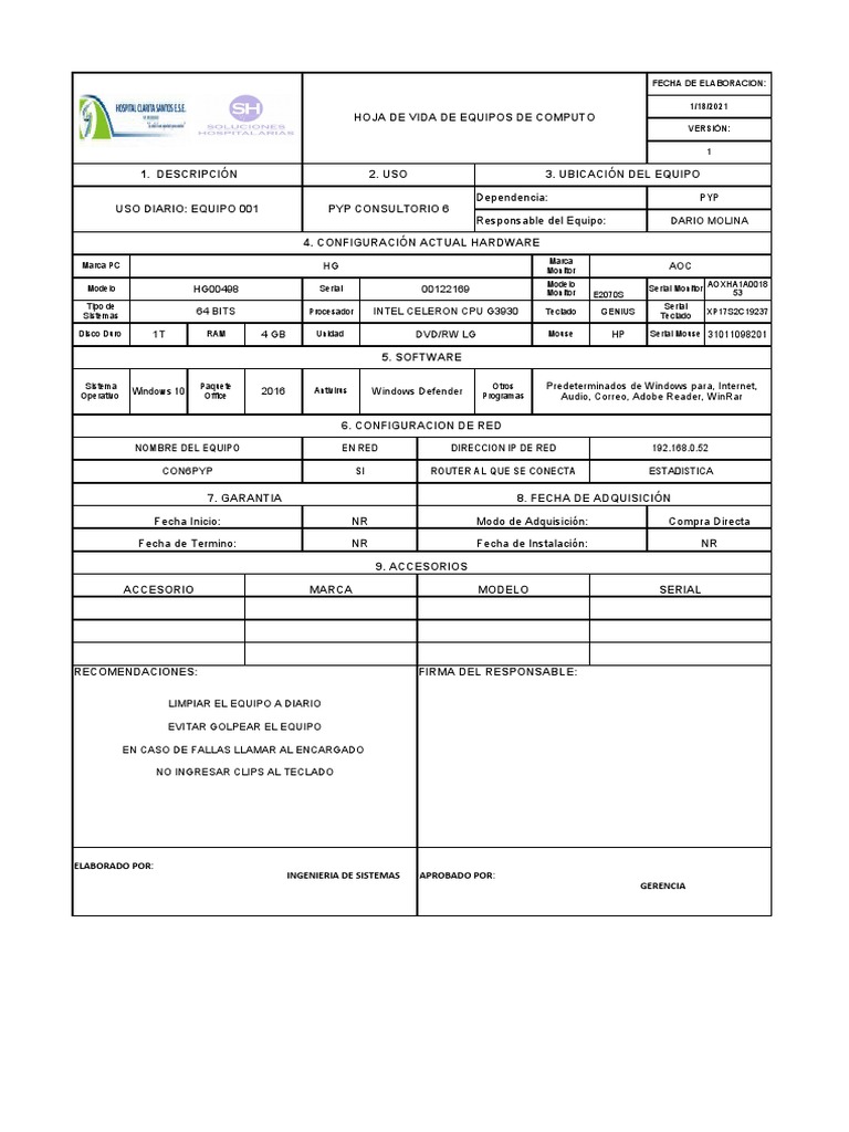 Hoja de Vida Equipos Computo 2021 | PDF | Hardware de la computadora ...
