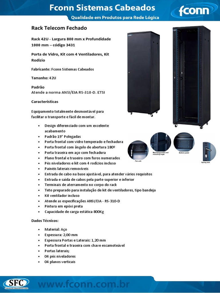 Rack Telecom 42U Fechado com Vidro e Rodízios para Organização de Cabos ...