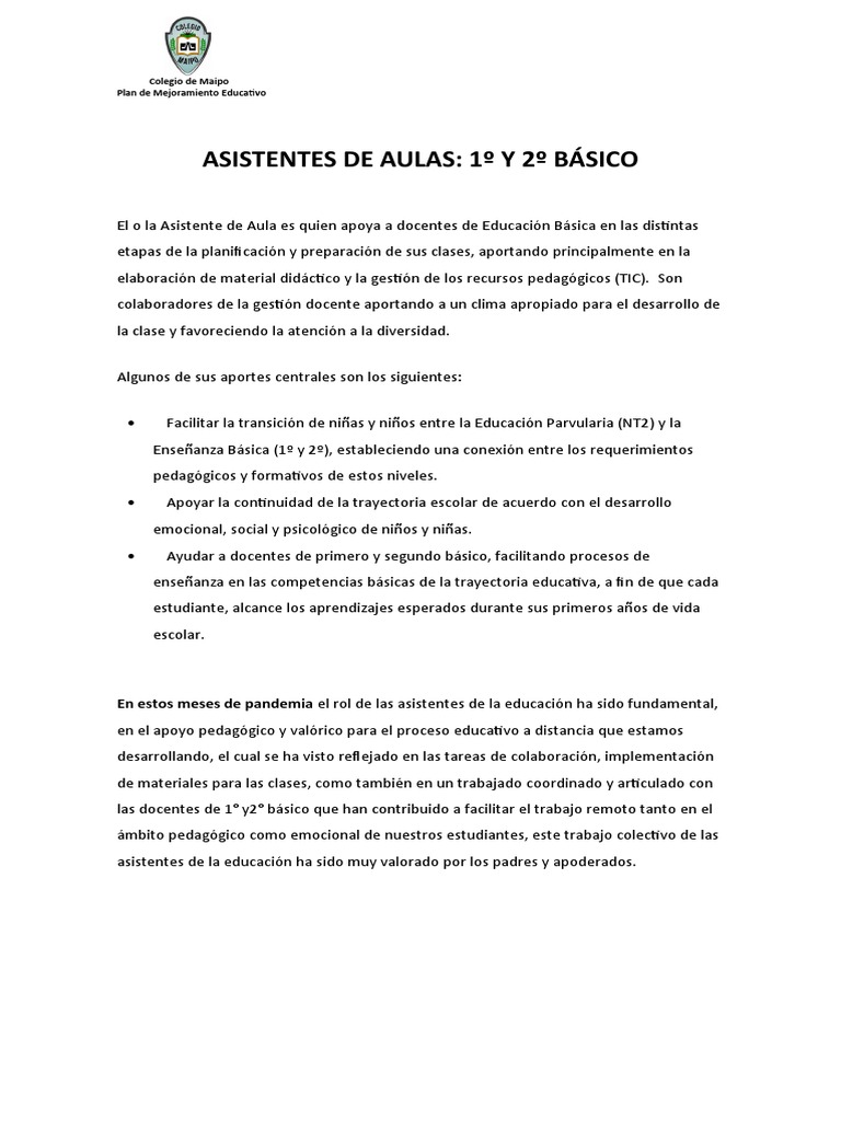Rol y Evaluación del Asistente de Aula | PDF | Maestros | Educación ...