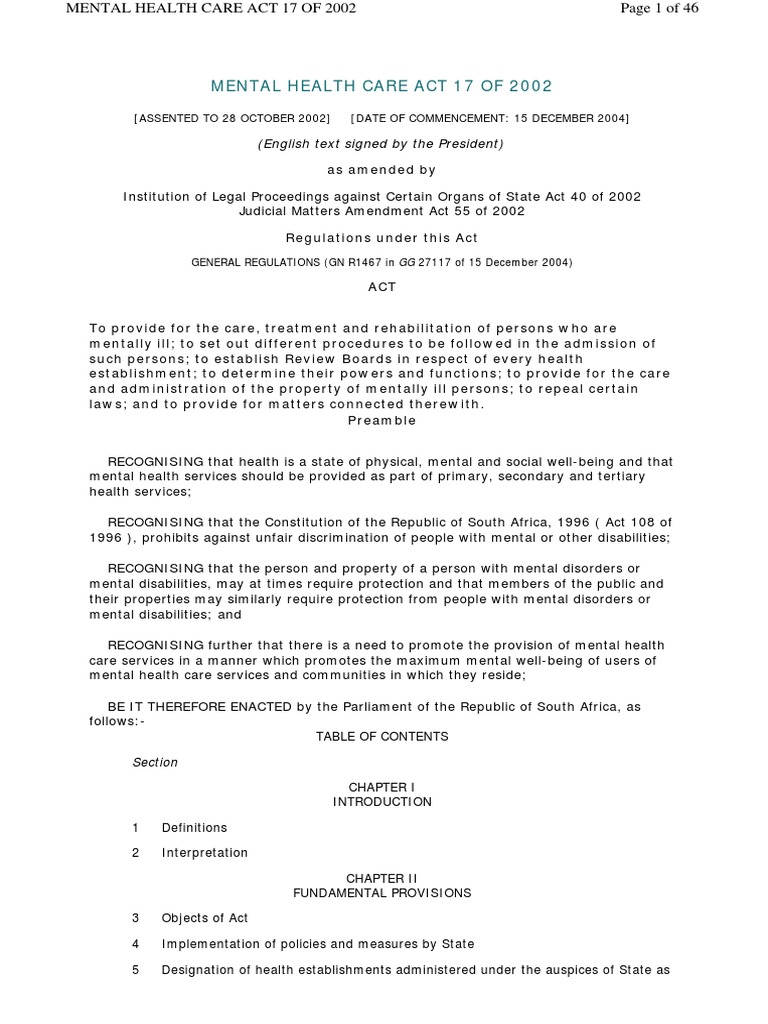 Mental Health Care Act No. 17 of 2002 | PDF | Mental Health | Psychiatry