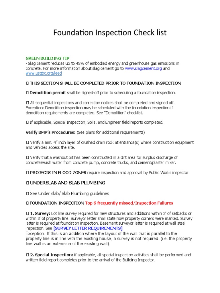 Picture of Foundation Inspection Checklist 2016 | PDF | Concrete | Foundation ...