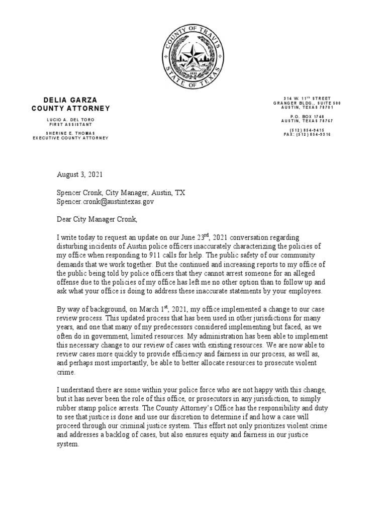Travis County Attorney Delia Garza Letter To City Manager Spencer Cronk