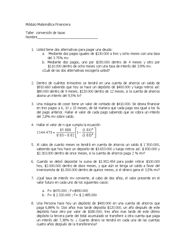 Taller de Matemática Financiera | PDF