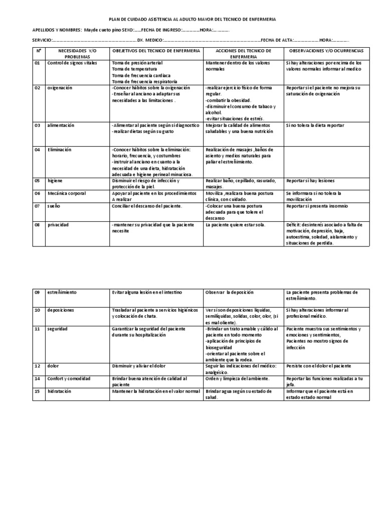 Plan de Cuidado para Adultos Mayores | PDF | Dieta | Estreñimiento