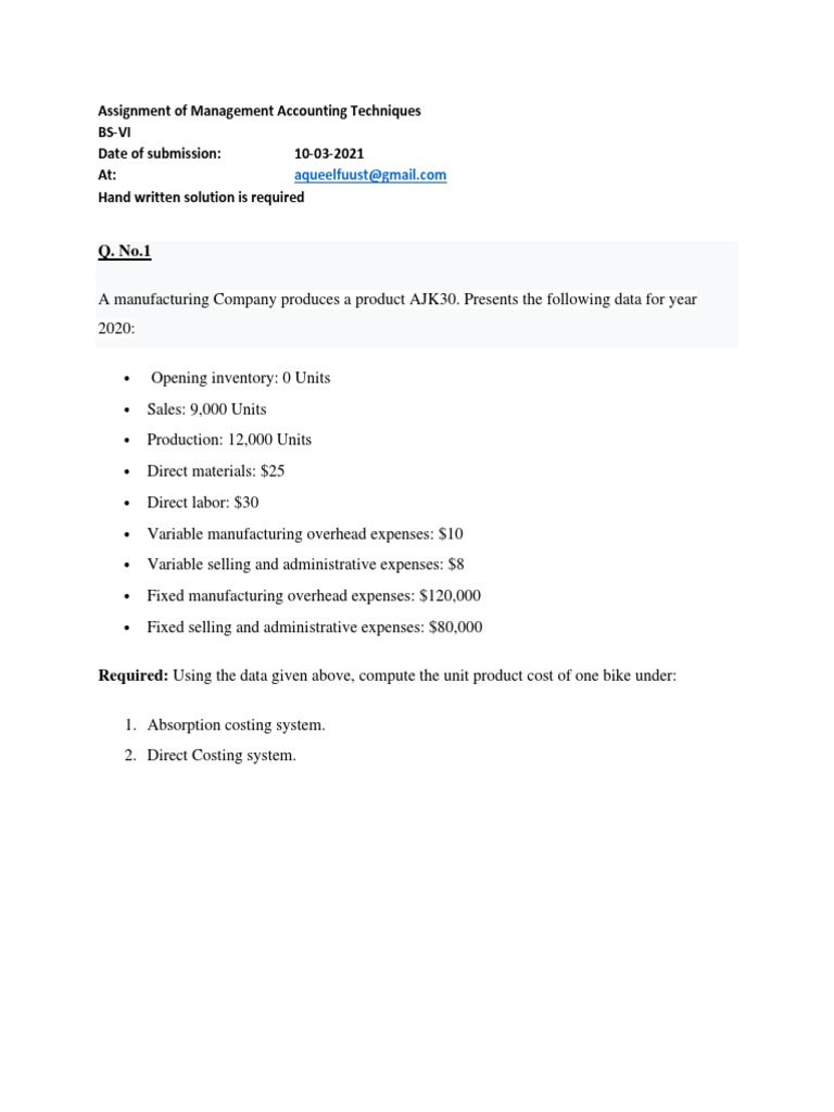 Assignment of Management Accounting Techniques PDF Cost Of Goods