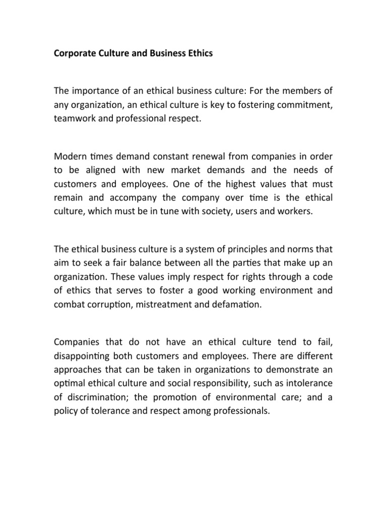 Corporate Culture and Business Ethics | PDF