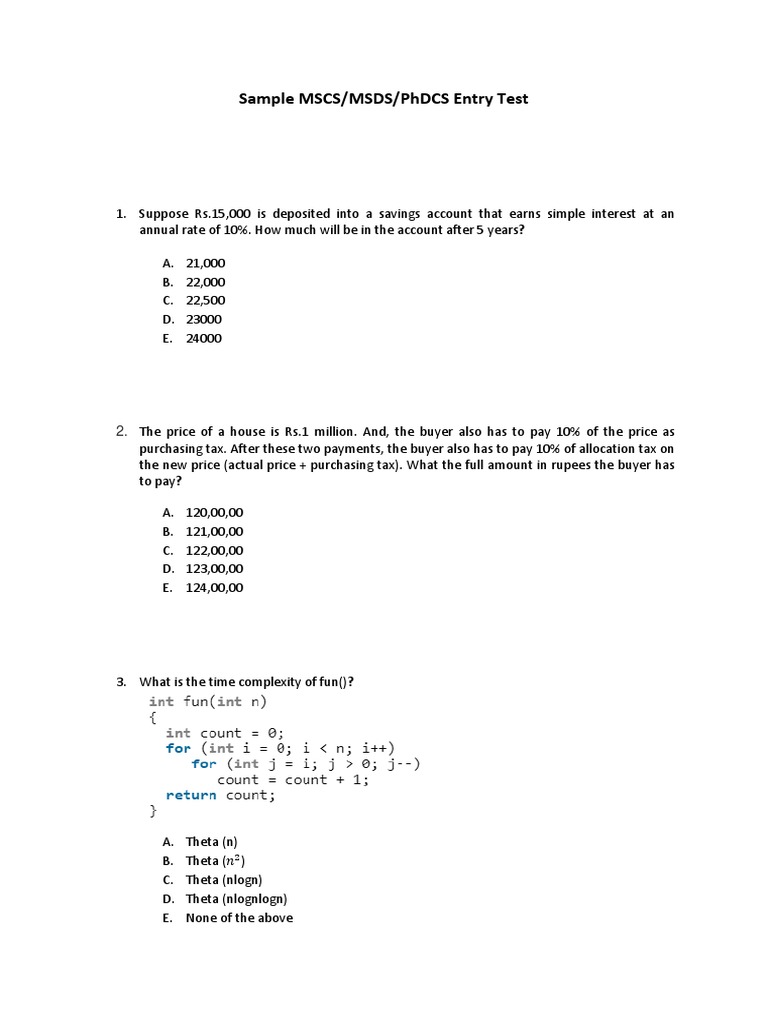 Computer Science Entry Test | PDF