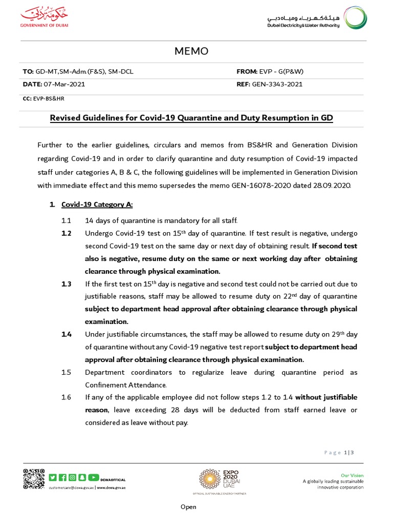 GEN33432021 Revised GD Guidelines For COVID 19 Quarantine and Duty Resumption PDF