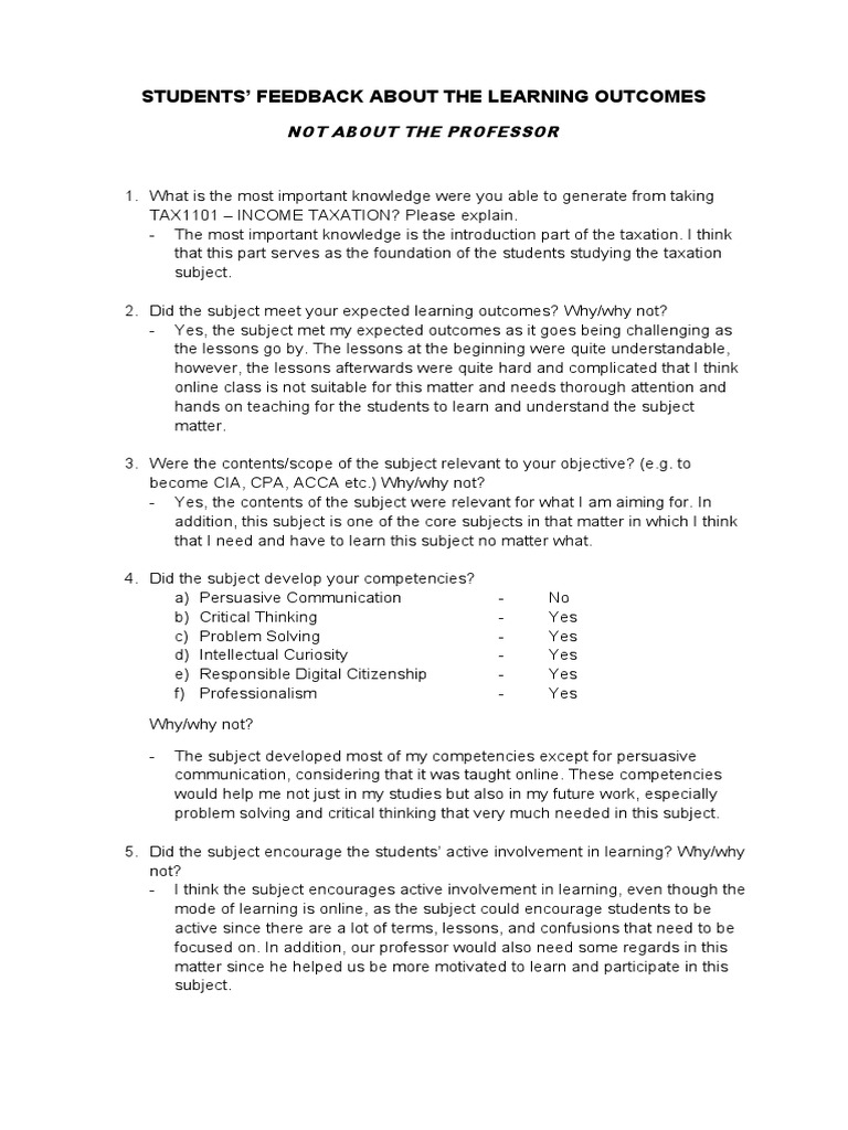 Student Feedback on Taxation Course Outcomes | PDF | Critical Thinking ...