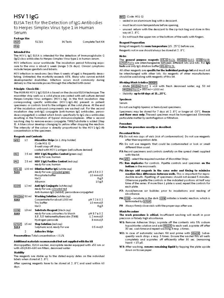 HSV 1 Igg Elisa Test For The Detection of Igg Antibodies To Herpes