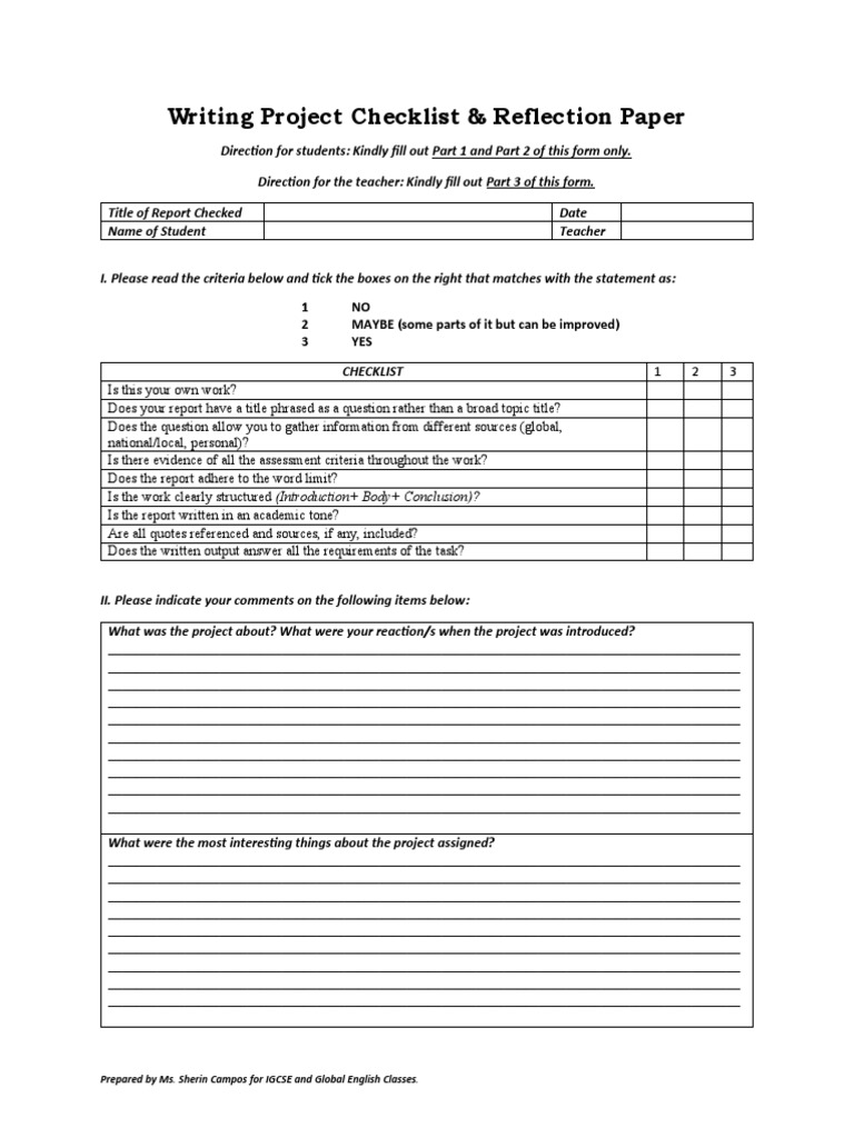 English Project Reflection Sheet | PDF | Essays | English As A Second ...