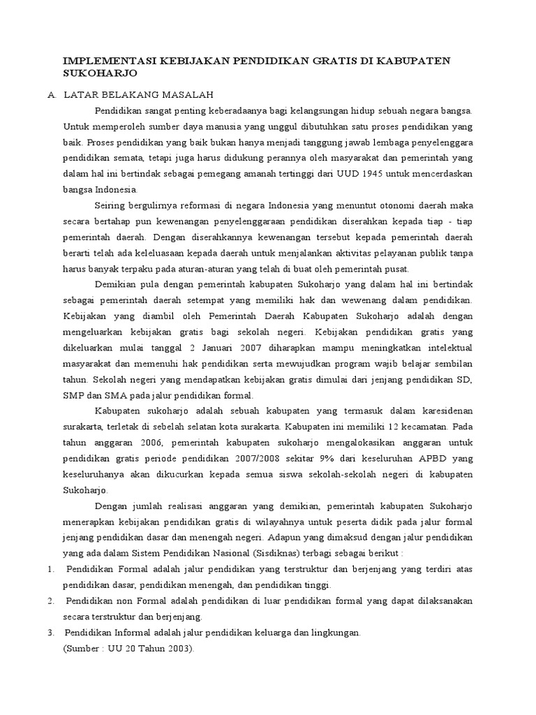 Implementasi Kebijakan Pendidikan Gratis Di Kabupaten Sukoharjo Pdf