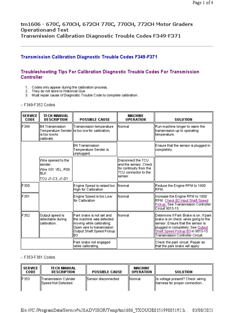 Transmission Calibration Diagnostic Trouble Codes F349-F371 | PDF ...