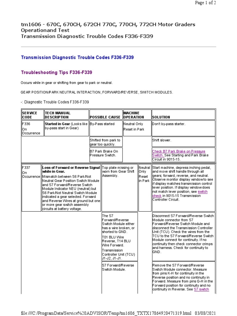Transmission Diagnostic Trouble Codes F336-F339 | PDF | Switch ...