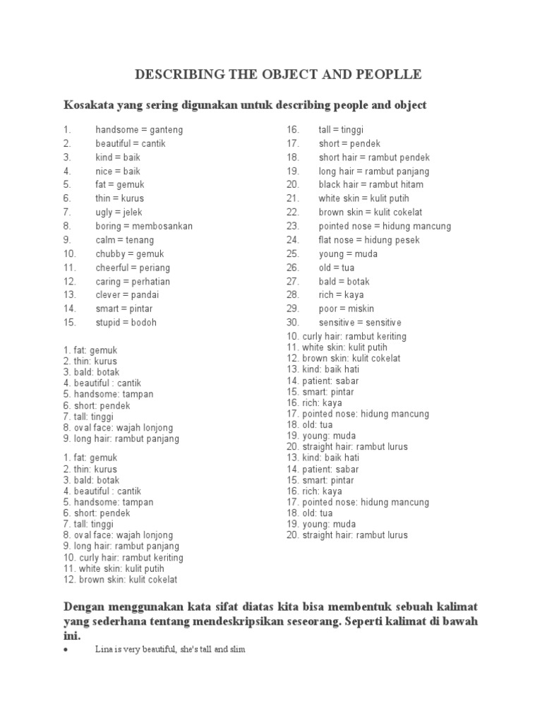Describing The Object and Peoplle | PDF | Human Head And Neck | Human Hair